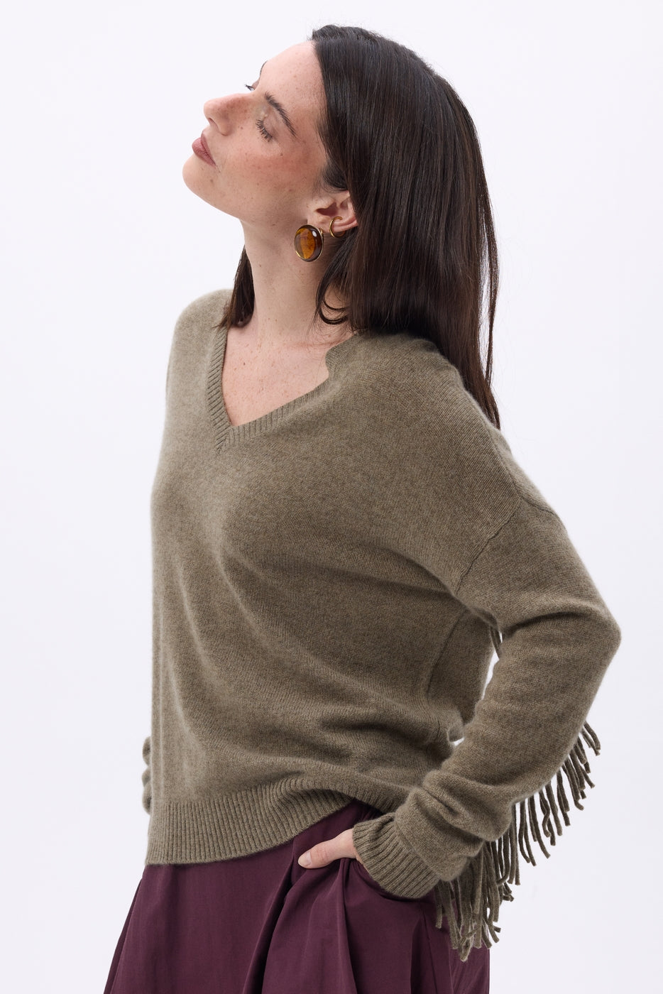 Pull Col V Franges Lina - Khaki Chine - Femme - 100% Cachemire