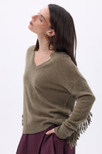 Pull Col V Franges Lina - Khaki Chine - Femme - 100% Cachemire