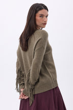 Pull Col V Franges Lina - Khaki Chine - Femme - 100% Cachemire