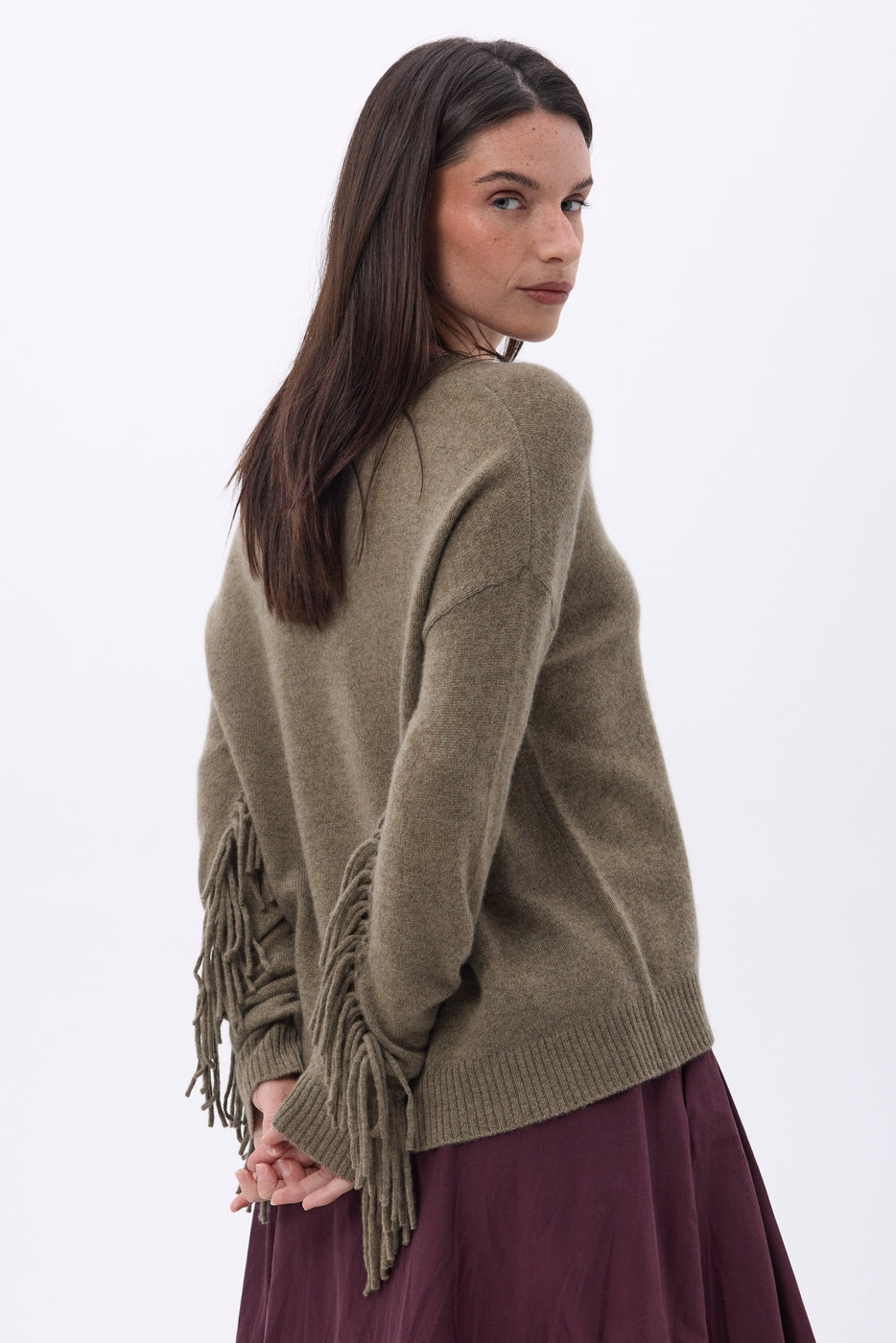 Pull Col V Franges Lina - Khaki Chine - Femme - 100% Cachemire