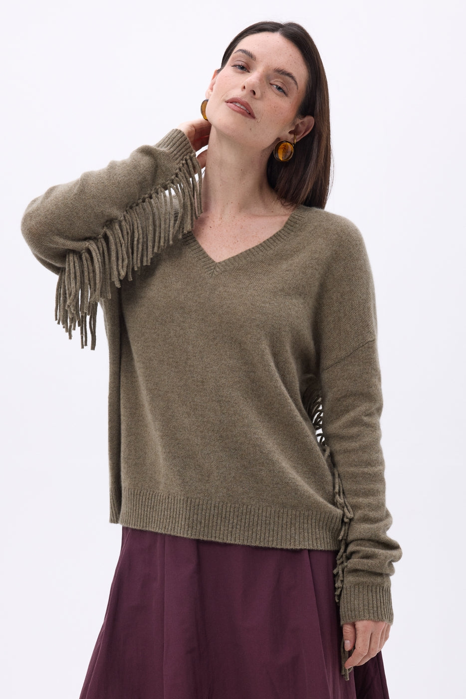 Pull Col V Franges Lina - Khaki Chine - Femme - 100% Cachemire