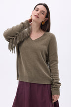 Pull Col V Franges Lina - Khaki Chine - Femme - 100% Cachemire