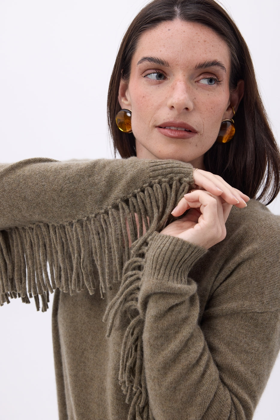 Pull Col V Franges Lina - Khaki Chine - Femme - 100% Cachemire