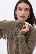 Pull Col V Franges Lina - Khaki Chine - Femme - 100% Cachemire