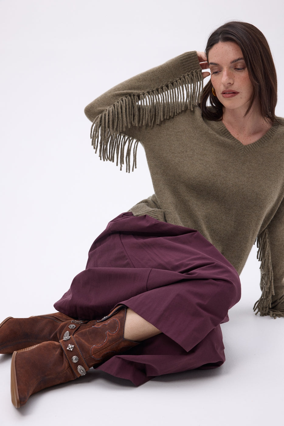 Pull Col V Franges Lina - Khaki Chine - Femme - 100% Cachemire