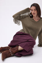 Pull Col V Franges Lina - Khaki Chine - Femme - 100% Cachemire