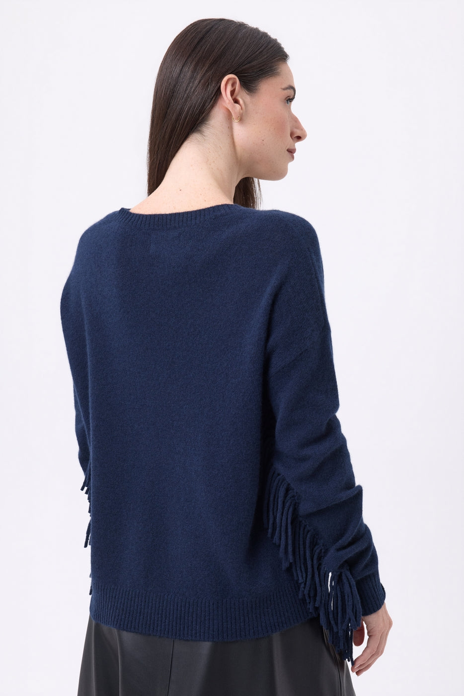 Sweter z dekoltem w serek i frędzlami Lina – Granatowy – Damski – 100% kaszmir