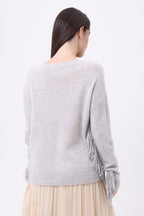 Pull Col V Franges Lina - Gris Clair - Femme - 100% Cachemire