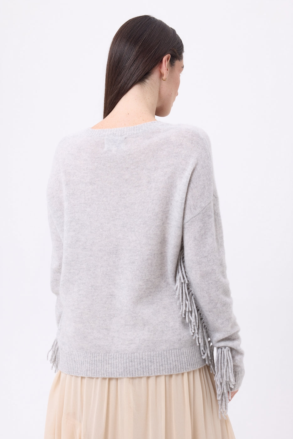 Pull Col V Franges Lina - Gris Clair - Femme - 100% Cachemire