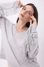Pull Col V Franges Lina - Gris Clair - Femme - 100% Cachemire
