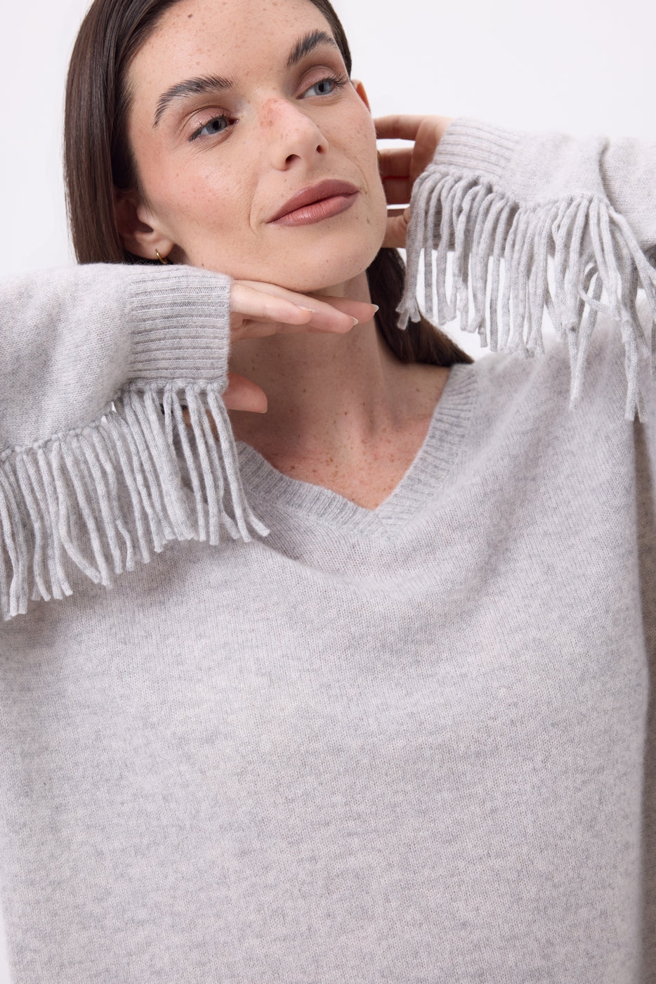Pull Col V Franges Lina - Gris Clair - Femme - 100% Cachemire