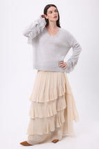 Pull Col V Franges Lina - Gris Clair - Femme - 100% Cachemire