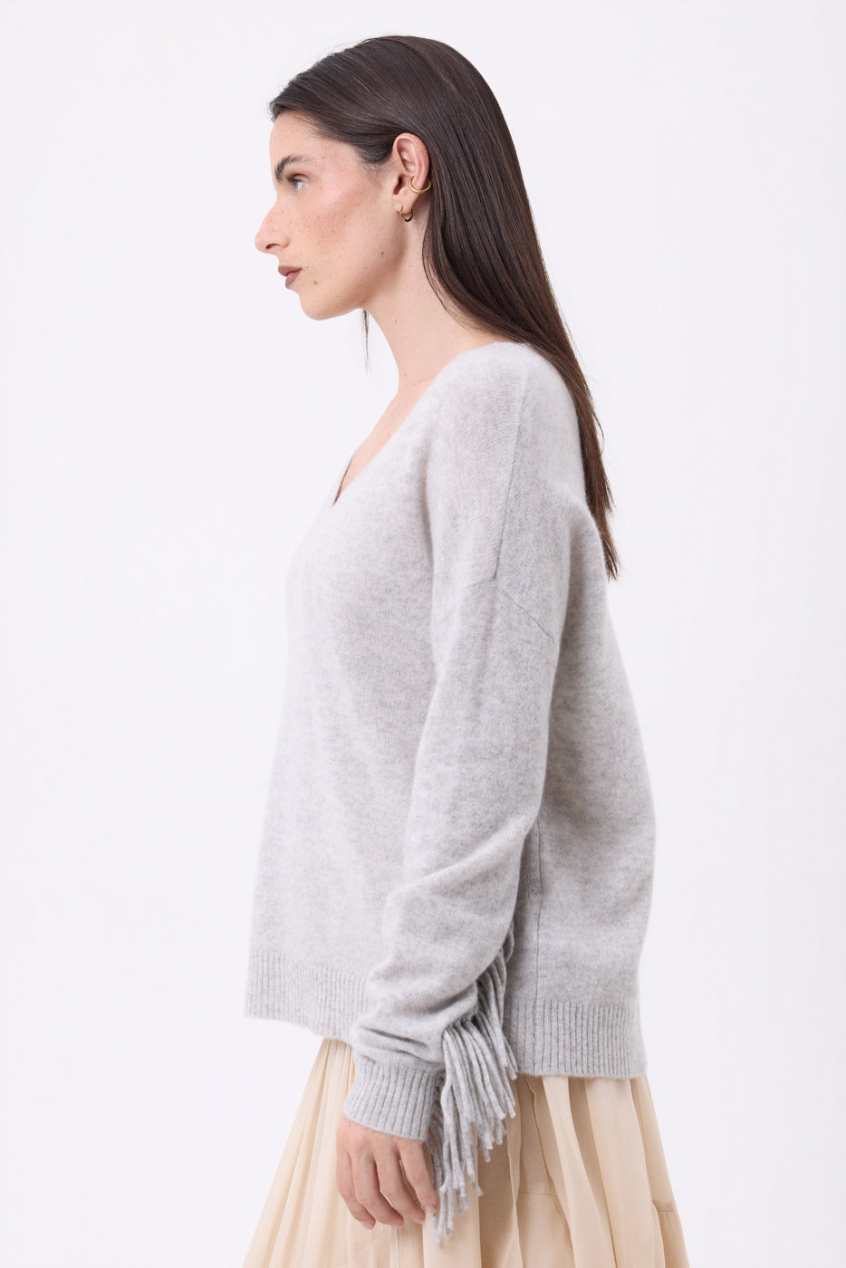 Pull Col V Franges Lina - Gris Clair - Femme - 100% Cachemire