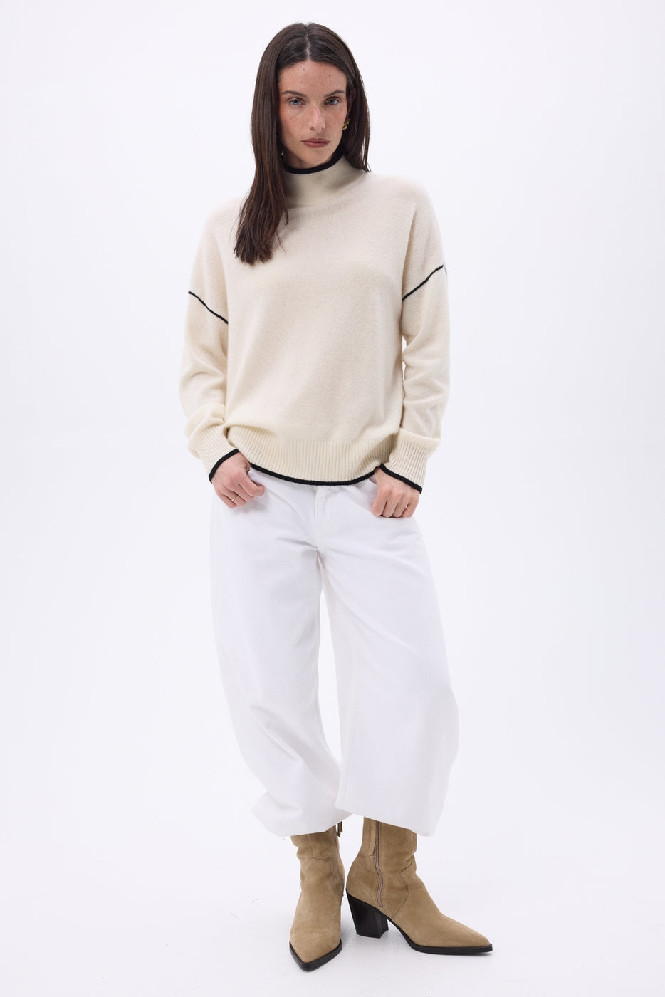 Jersey de cuello alto con ribete Line - Blanco Negro - Mujer