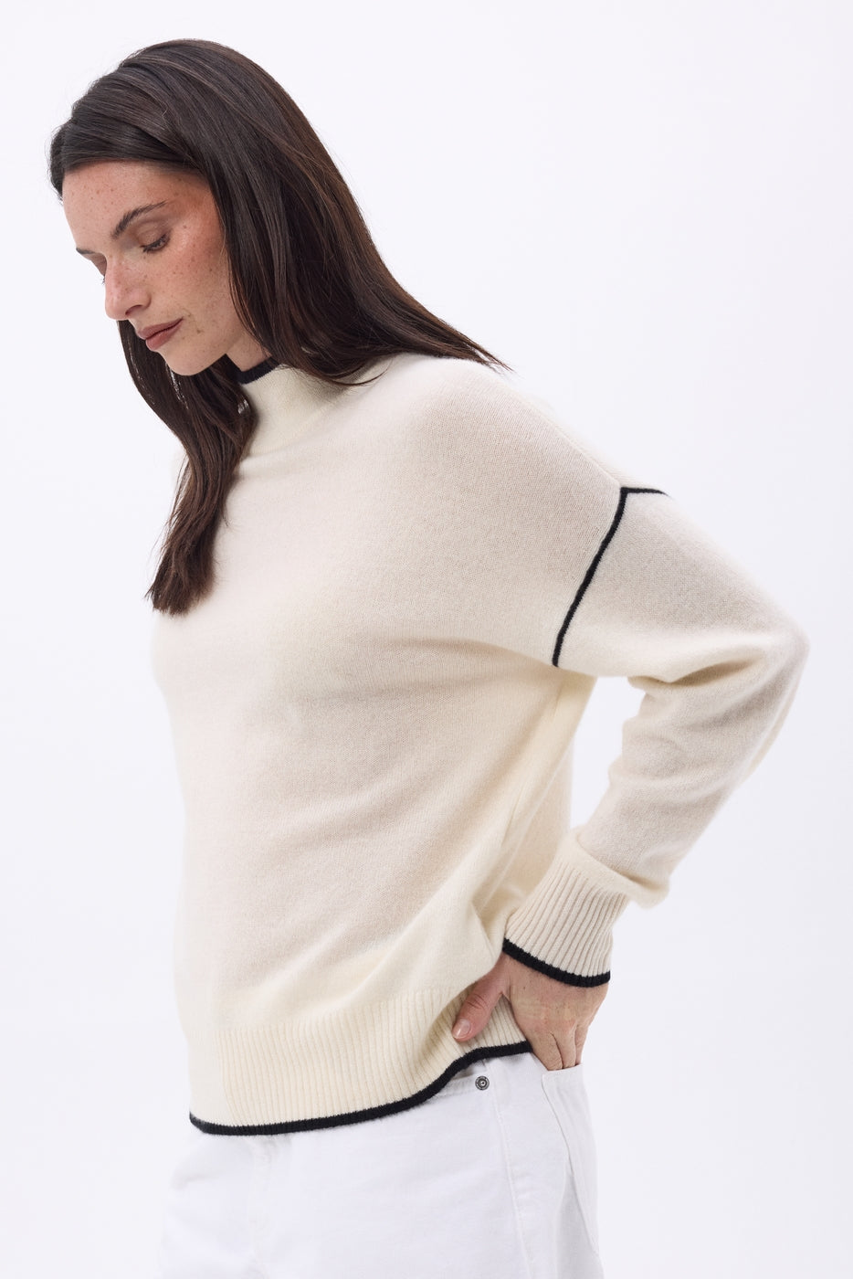 Jersey de cuello alto con ribete Line - Blanco Negro - Mujer