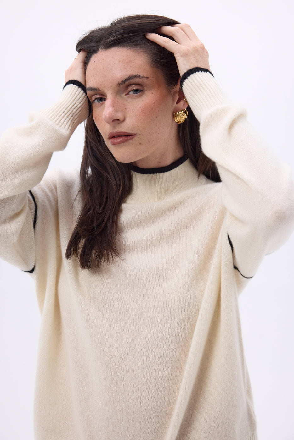 Jersey de cuello alto con ribete Line - Blanco Negro - Mujer