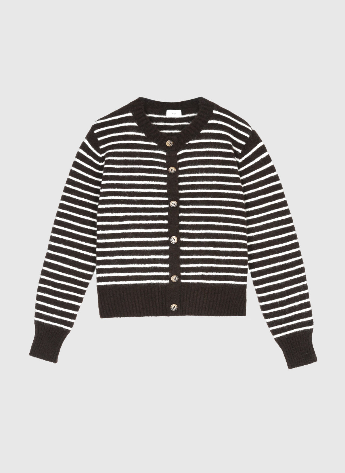 An'ge – Gilet Lipstik Chocolat, cardigan noir et blanc à rayures horizontales, boutons dorés, vue de face
