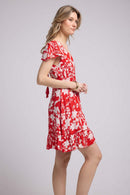Short Sleeve Short Dress - Big Red Flowers