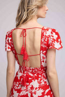Short Sleeve Short Dress - Big Red Flowers