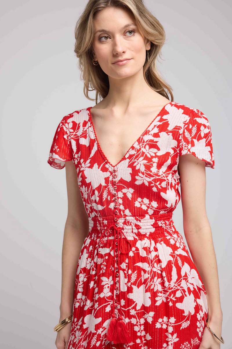 Short Sleeve Short Dress - Big Red Flowers