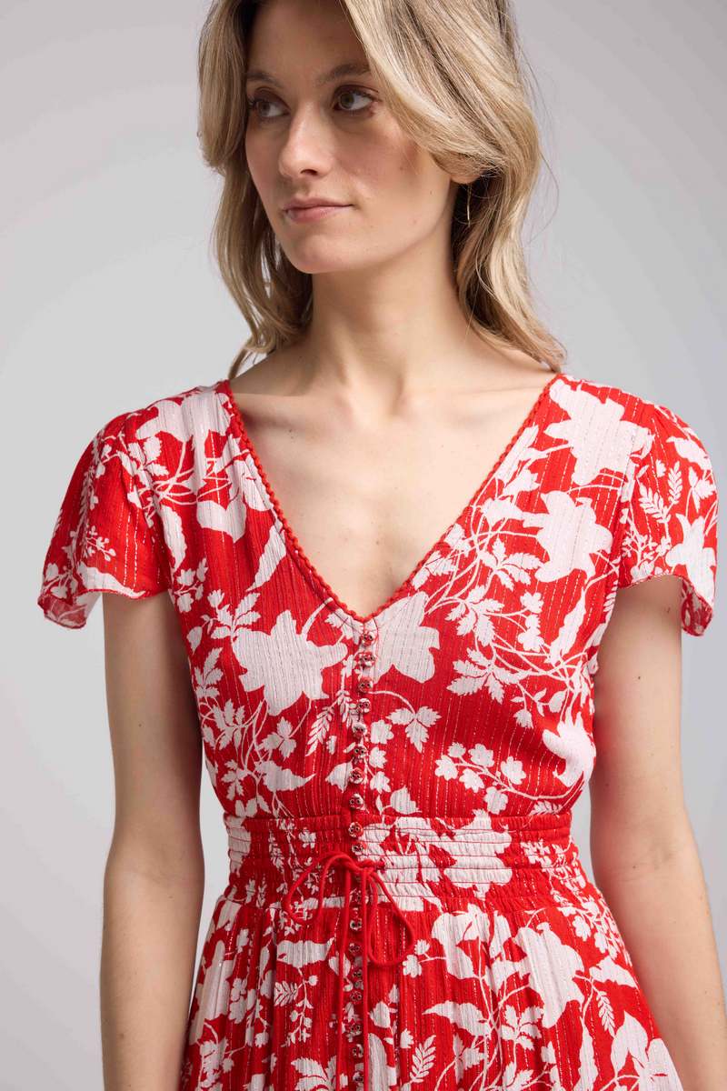 Short Sleeve Short Dress - Big Red Flowers