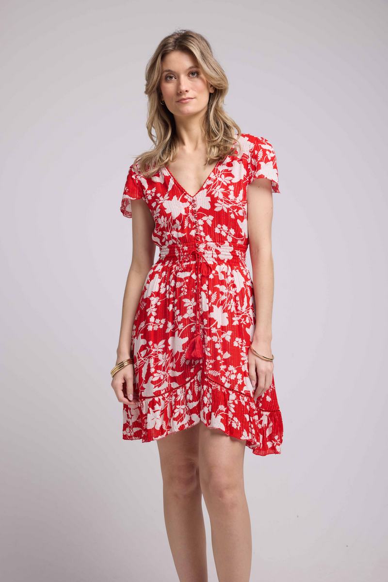 Short Sleeve Short Dress - Big Red Flowers