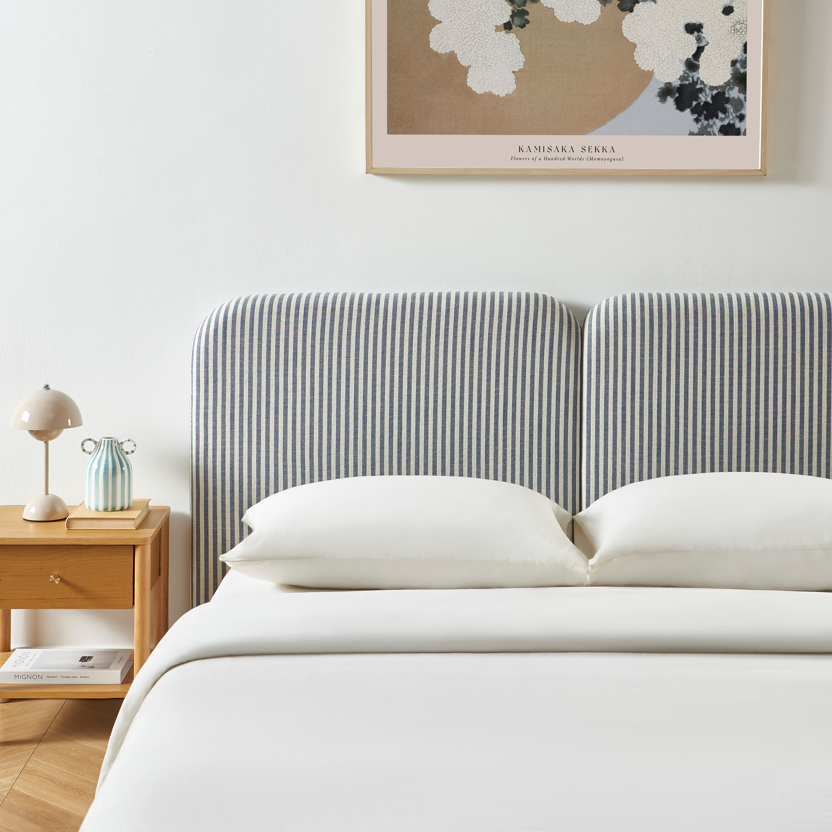 Louison - Cabecero de Cama - Tejido de Lino a Rayas - Blanco y Azul