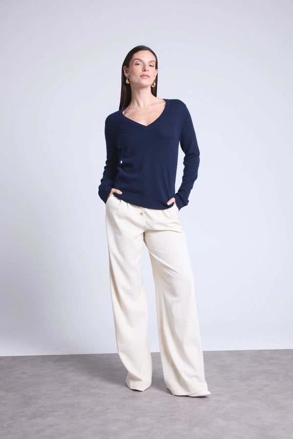 Damen-Kaschmirpullover Luna mit V-Ausschnitt – Marineblau – 100% Kaschmir