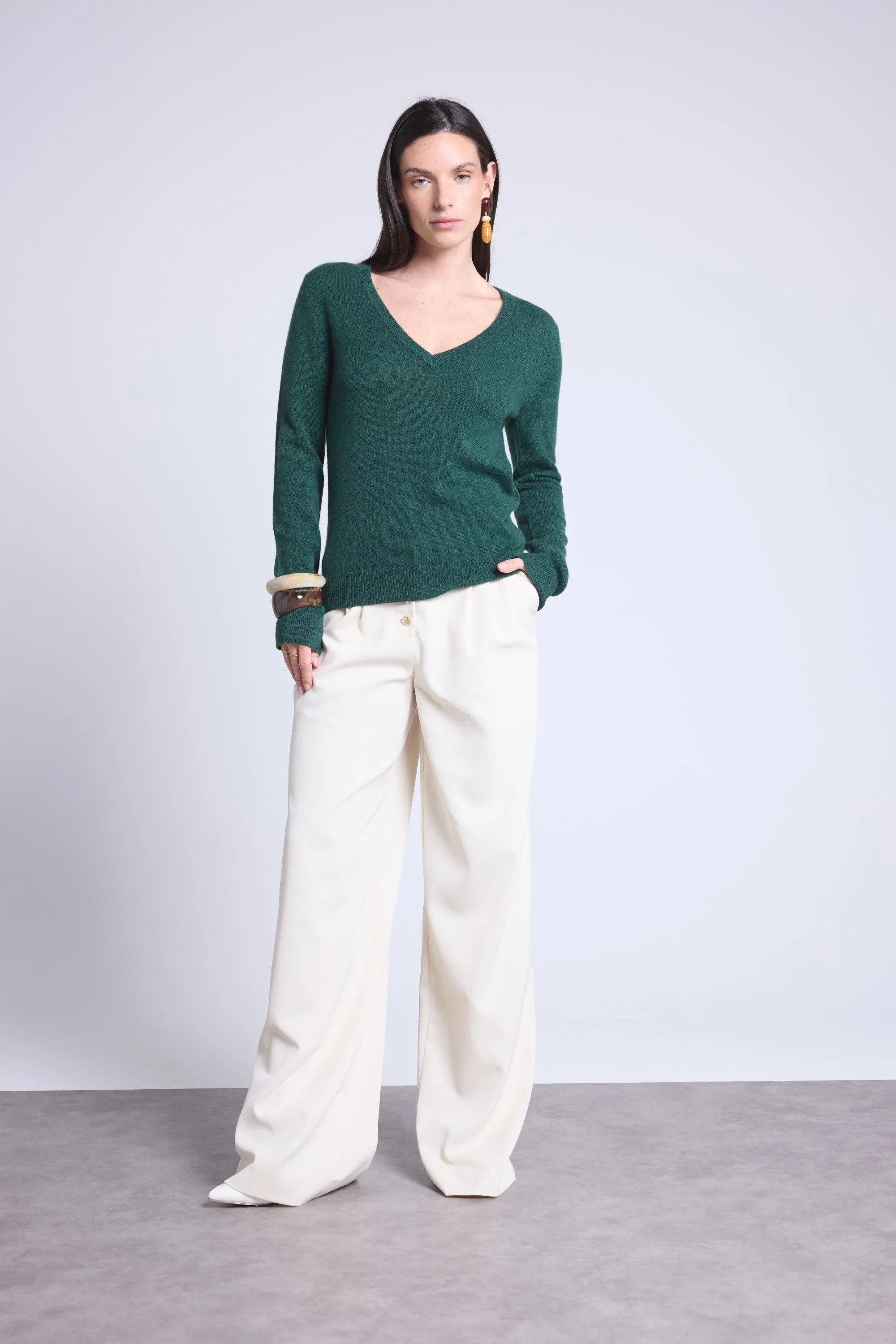 Pull Col V Luna - Vert Bouteille - Femme