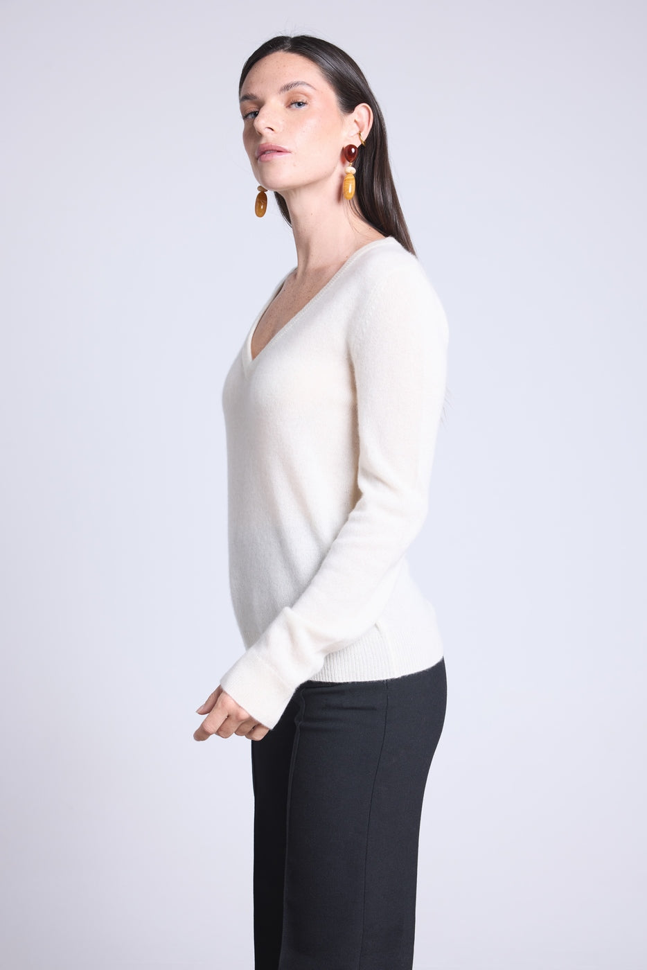 Pull Col V Luna - Blanc - Femme - 100% Cachemire