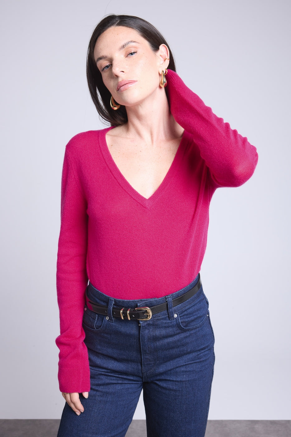 Maglione Scollo a V Luna - Fucsia - Donna - 100% Cashmere