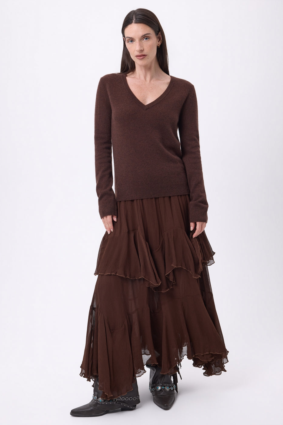 V-Ausschnitt-Pullover Luna - Schokoladenbraun - Damen - 100 % Kaschmir