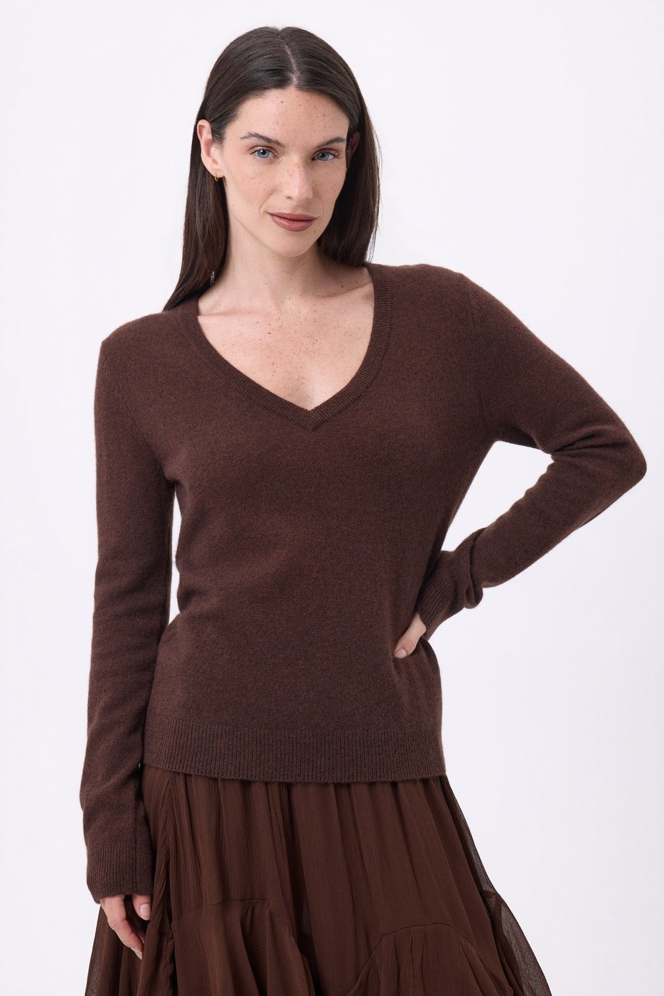 V-Ausschnitt-Pullover Luna - Schokoladenbraun - Damen - 100 % Kaschmir