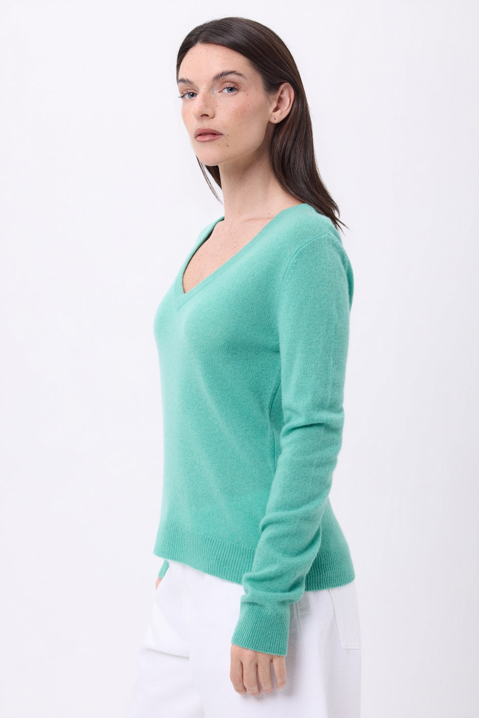 Maglione Scollo a V Luna - Verde Pastello - Donna - 100% Cashmere