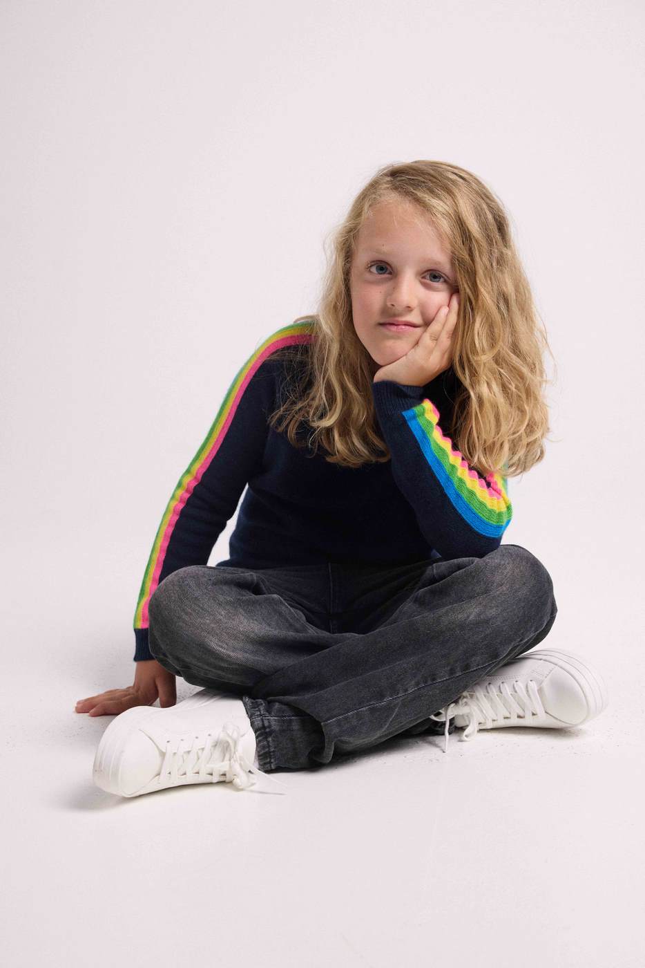 Pull Col Rond Manches Arc En Ciel Luz - Bleu Marine - Enfant