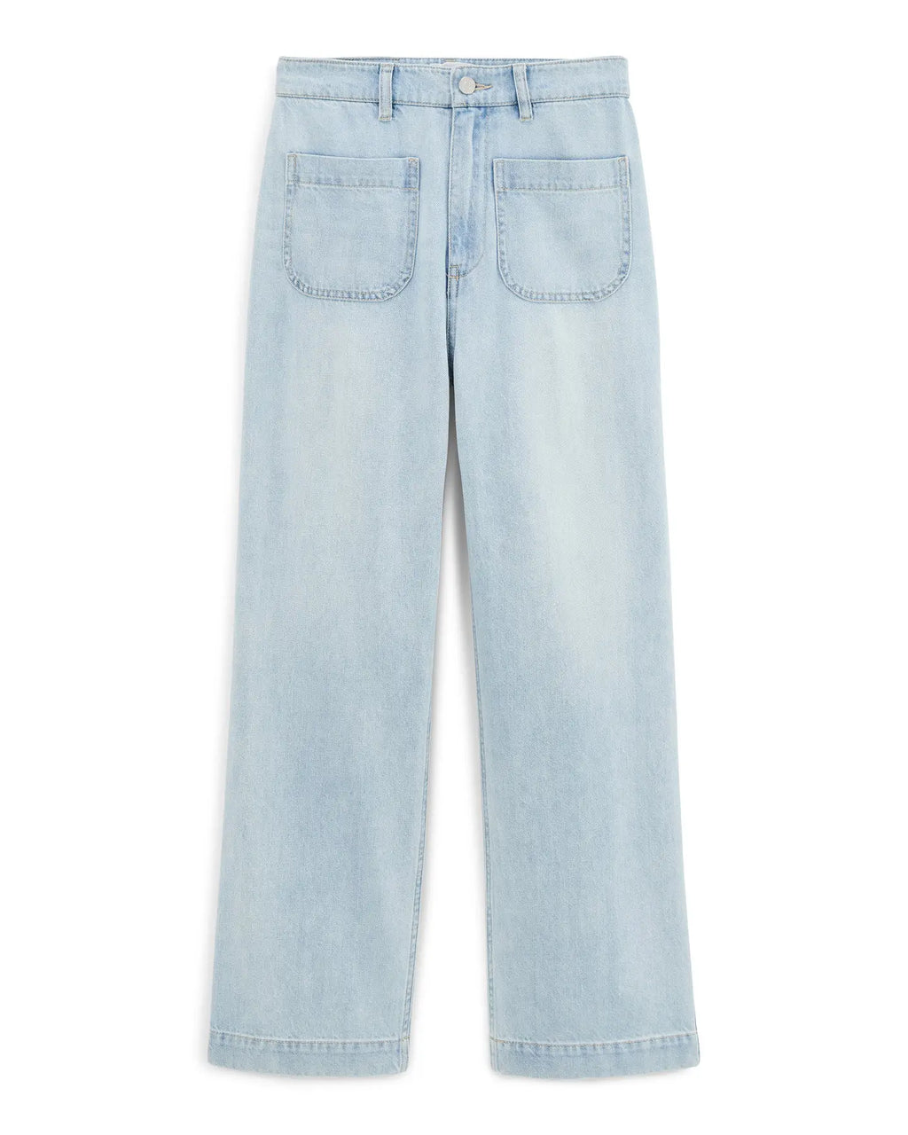 Women's jeans in light blue cotton denim, wide straight cut with front patch pockets, suitable for all body shapes.