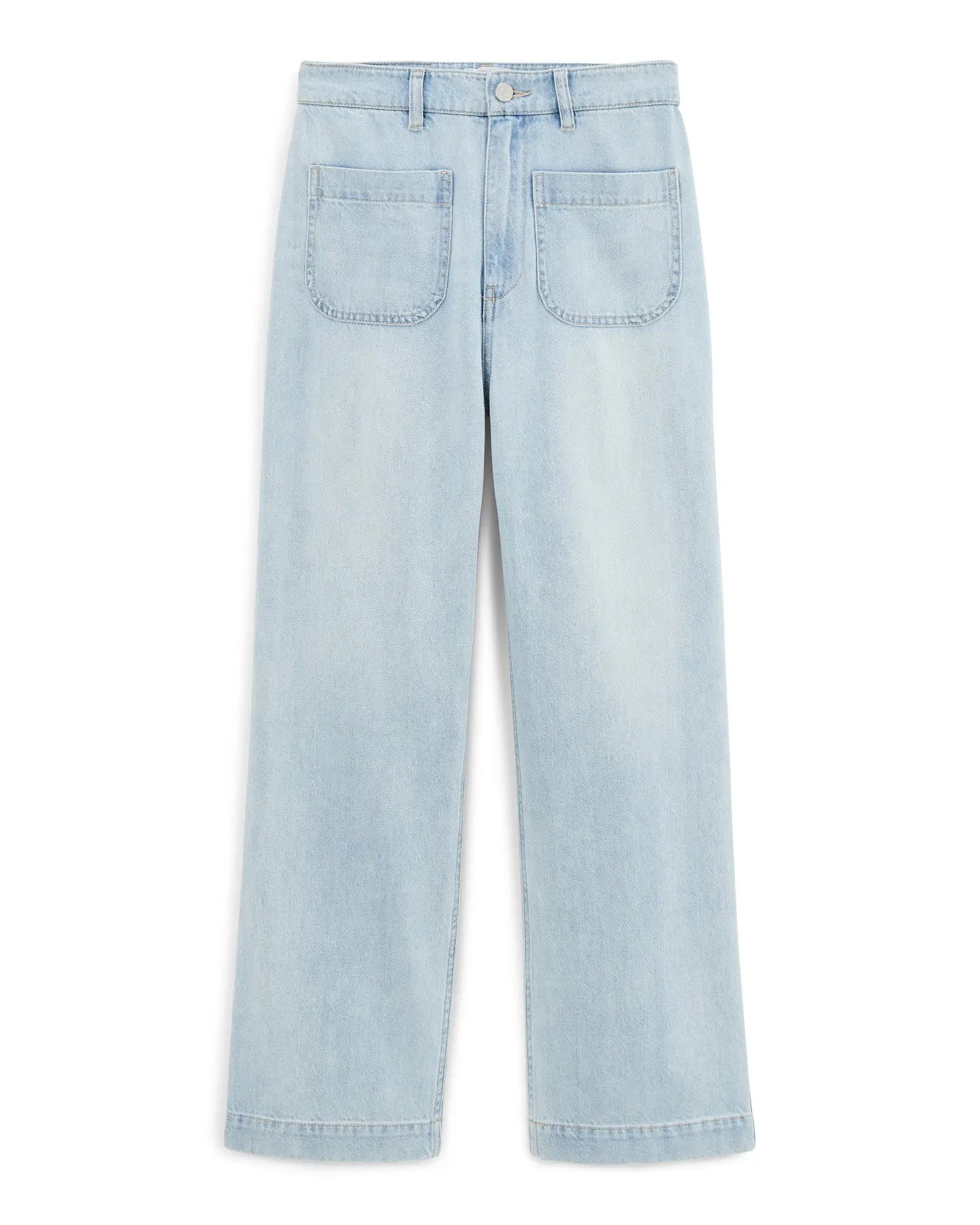 Women's jeans in light blue cotton denim, wide straight cut with front patch pockets, suitable for all body shapes.