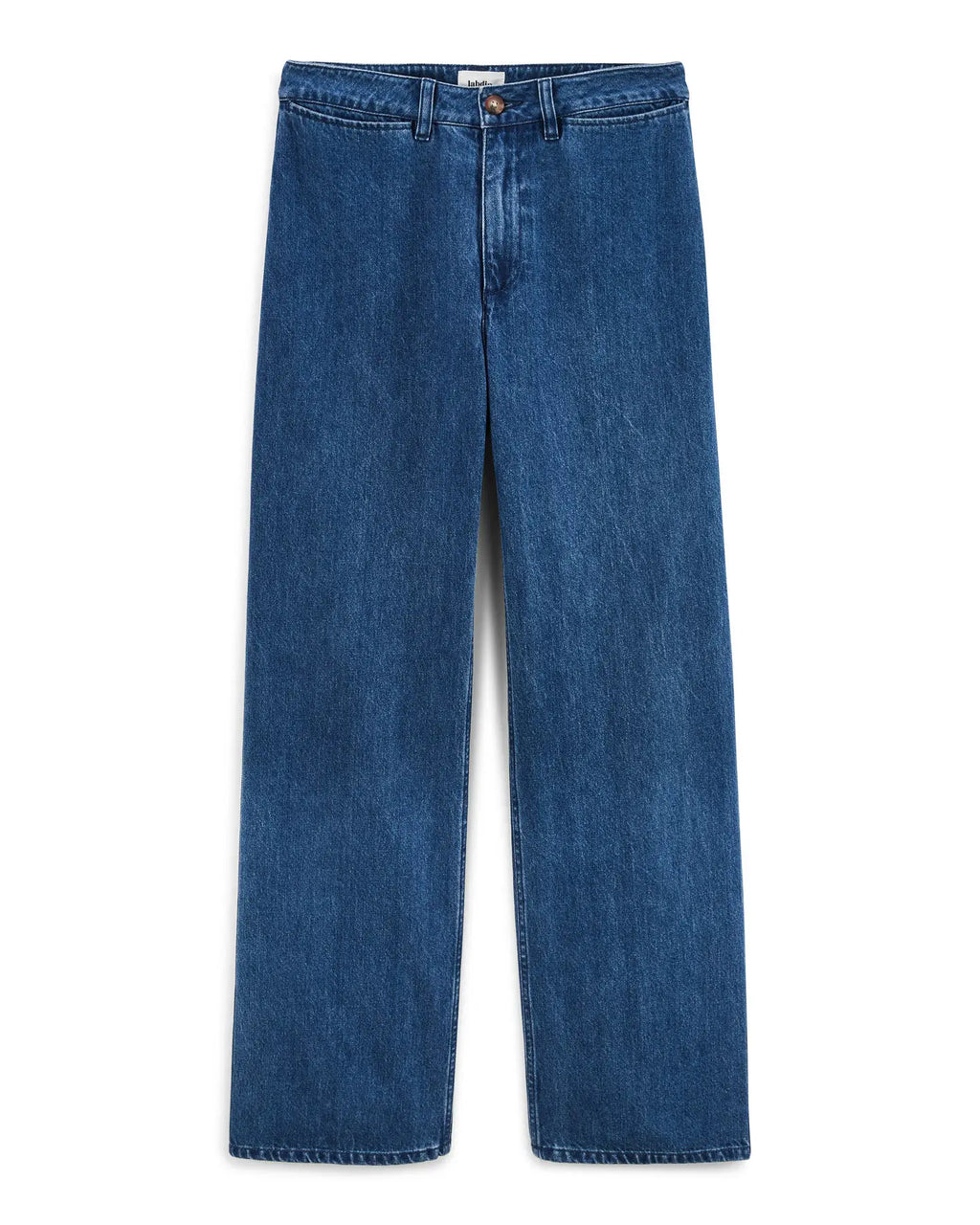 Medium blue denim jeans with straight cut, 100% cotton material, offering comfort and ideal adaptability for all female body shapes.
