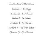ALT: Página que muestra una lista escrita a mano con los títulos "Écriture 1 à 6" bajo el logo "Les Écritures Petits Citrons", cada línea nombrando una dedicatoria (Ej. Hugo, Ej. Vincent, etc.). Tema principal: Léon l'assiette Papillon (mencionado en el contexto).