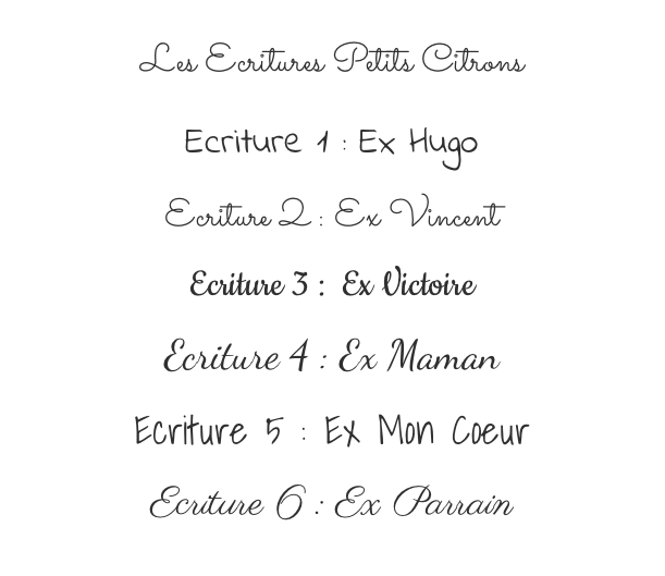 ALT: Página que muestra una lista escrita a mano con los títulos "Écriture 1 à 6" bajo el logo "Les Écritures Petits Citrons", cada línea nombrando una dedicatoria (Ej. Hugo, Ej. Vincent, etc.). Tema principal: Léon l'assiette Papillon (mencionado en el contexto).