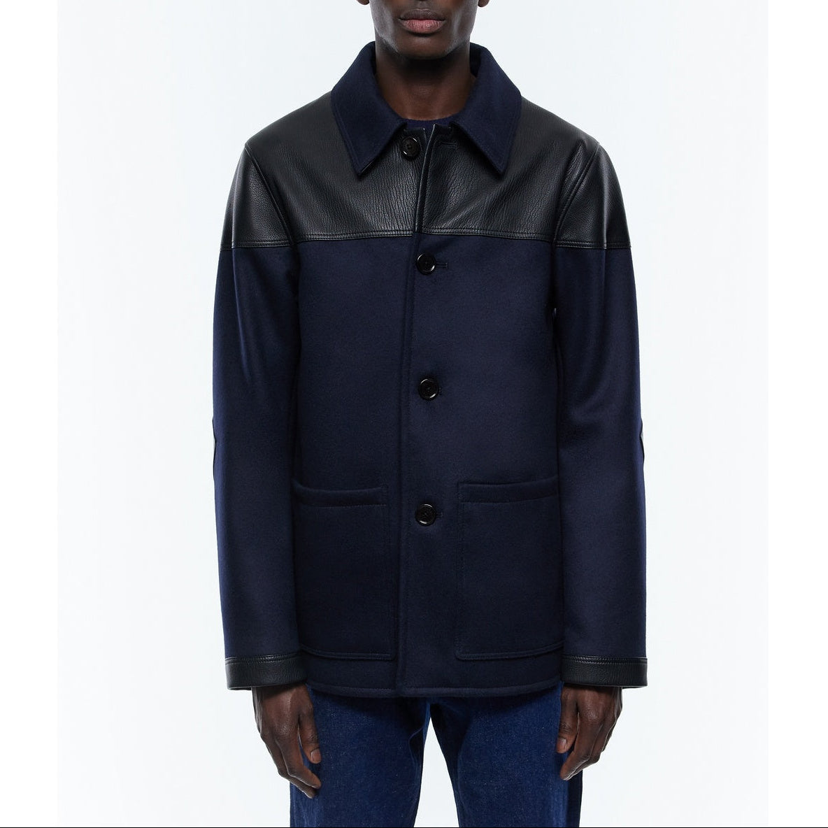 Bi-material Wool And Leather Jacket - Blue