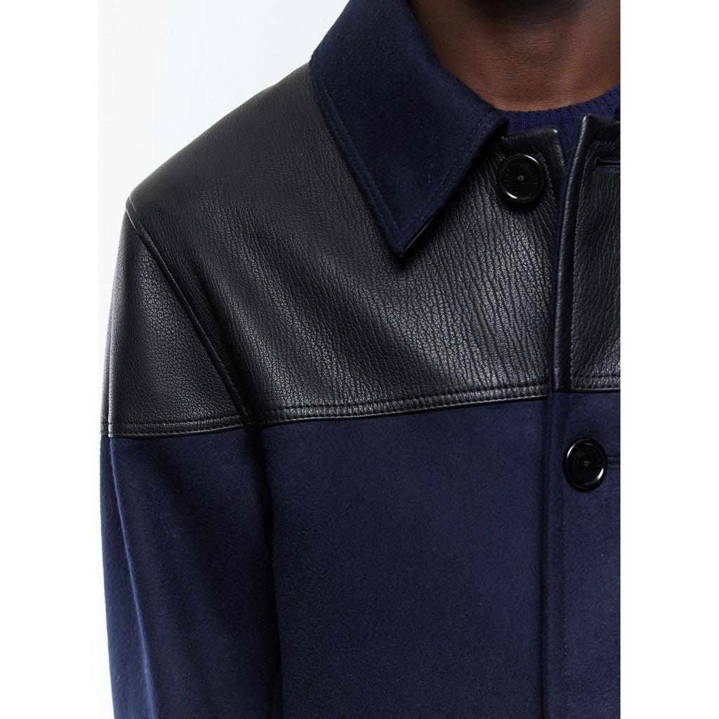 Bi-material Wool And Leather Jacket - Blue
