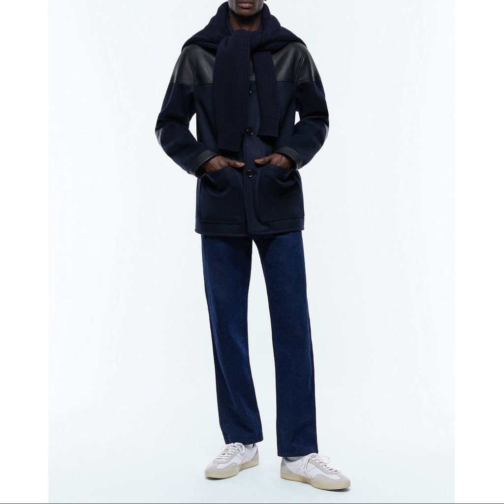 Bi-material Wool And Leather Jacket - Blue