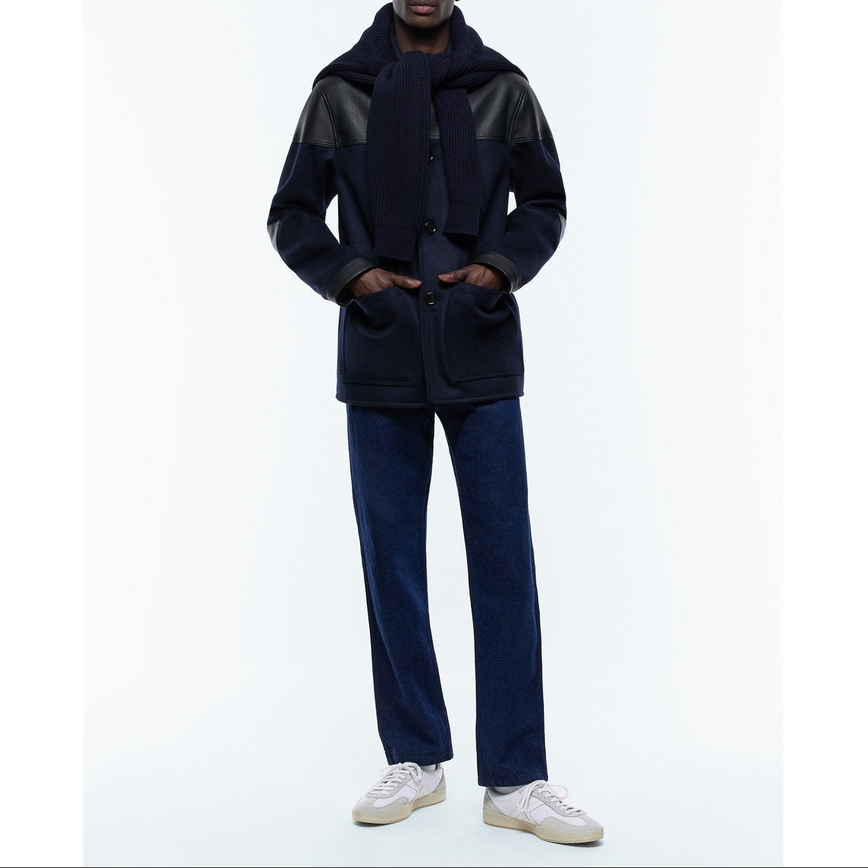 Bi-material Wool And Leather Jacket - Blue