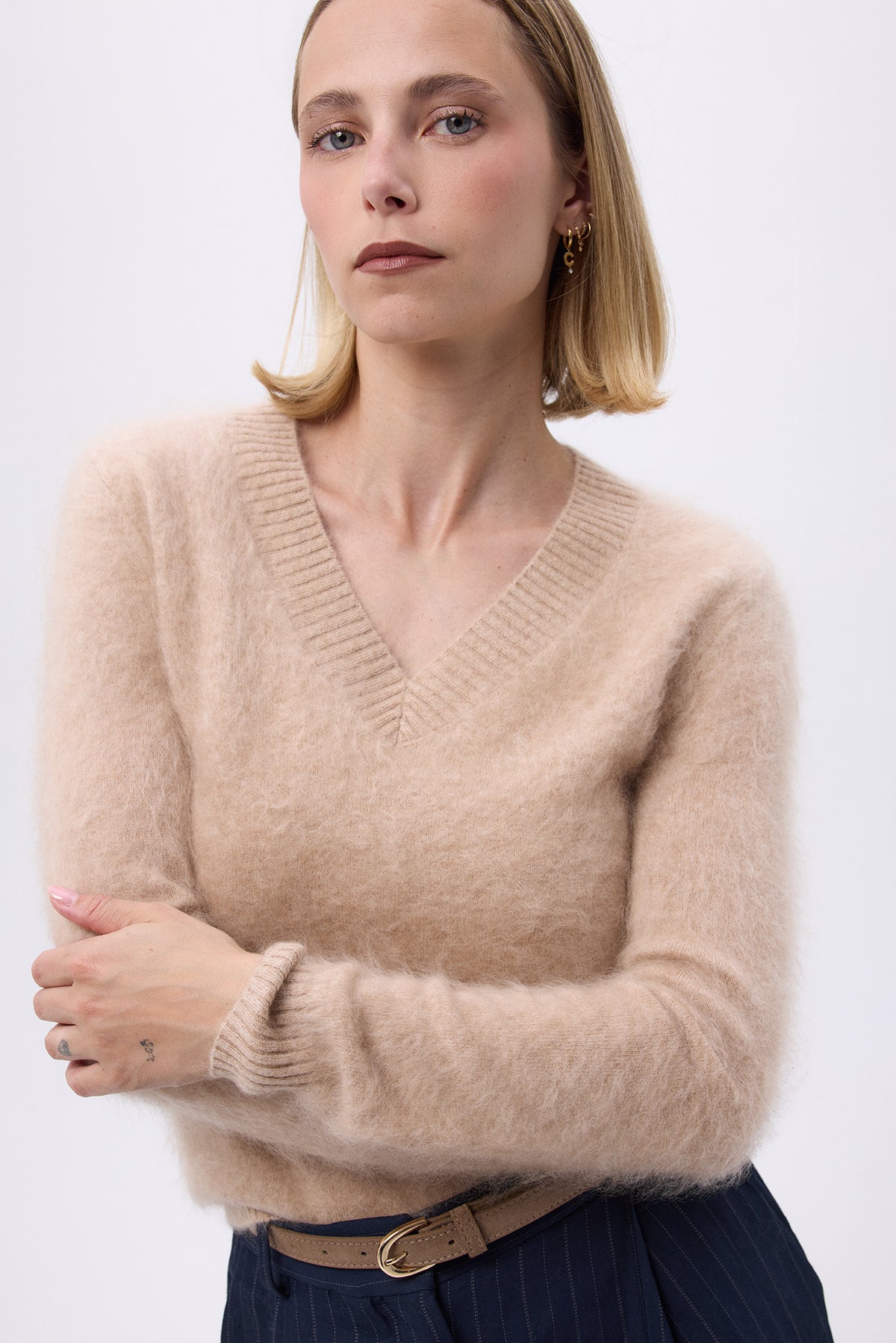 V-Neck – Brushed Cashmere Mael - Beige Crème - Femme