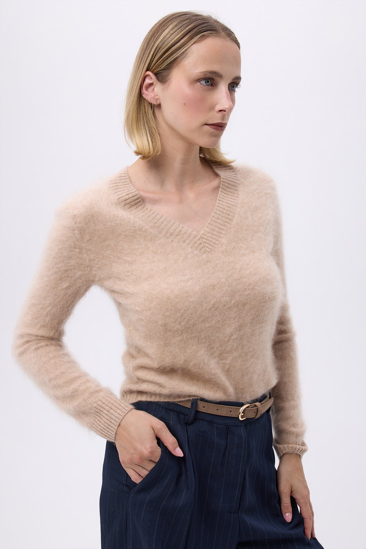 V-Neck – Brushed Cashmere Mael - Beige Crème - Femme