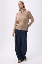 Maglione Collo Alto Ampio Con Zip A Trecce F Malka - Beige Crema - Donna