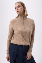 Maglione Collo Alto Ampio Con Zip A Trecce F Malka - Beige Crema - Donna