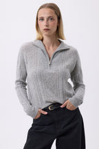 Maglione con collo alto ampio con zip e trecce Donna Malka - Grigio chiaro - Donna