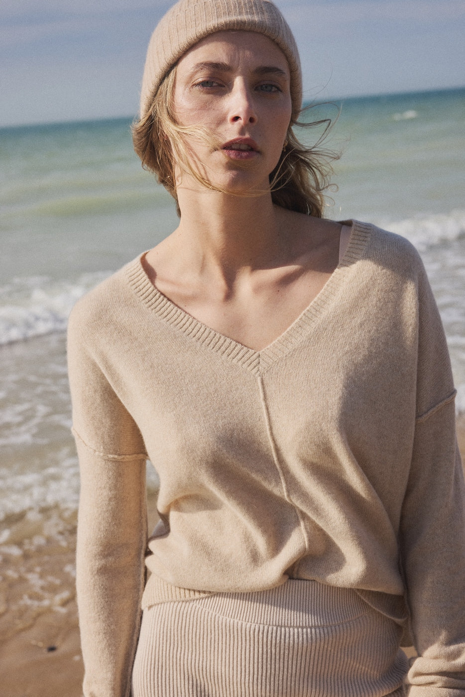 Pull Col V Oversize Coutures Manon - Beige Crème - Femme